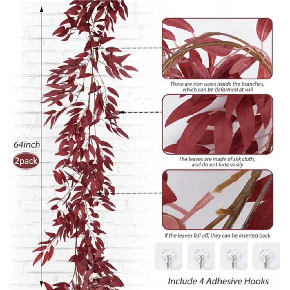 Artificial Hanging Willow Leaves Vine Twigs 2Pcs 5.7Ft Fake Silk Burgundy Leaf